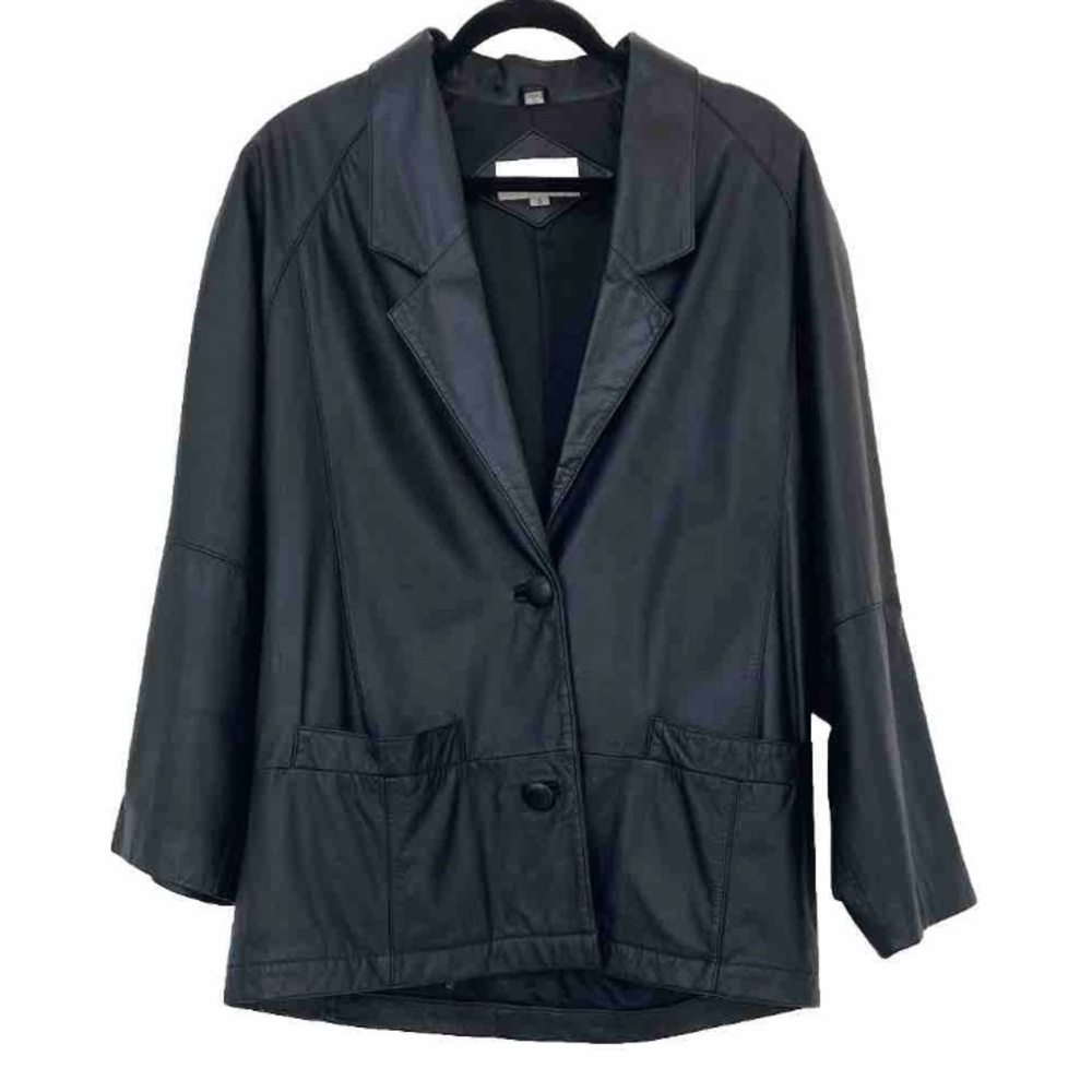 Lisa Loren Black Leather Two Button Jacket Blazer Coat Women’s Size Small
